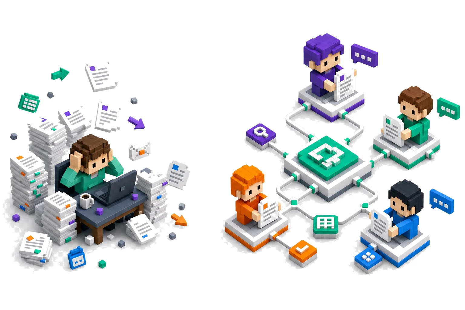 One coordinator buried in paper on the left; on the right, four specialist workalongs passing documents through a connected workflow.