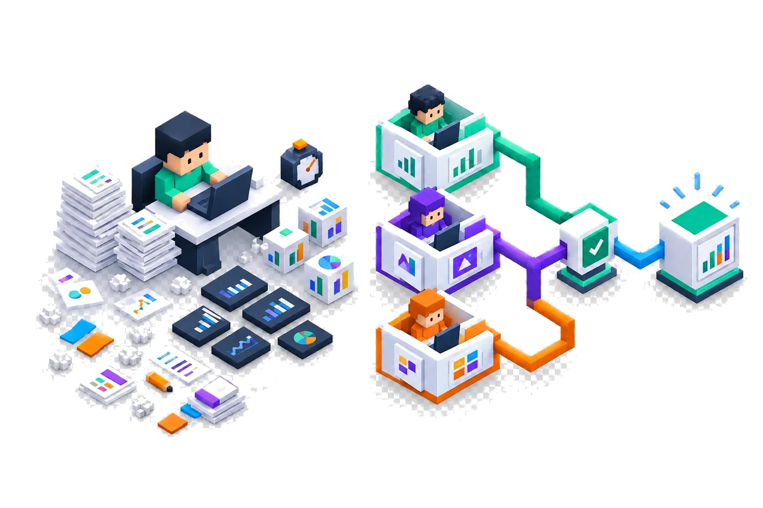 Isometric voxel illustration: one person buried in report stacks on the left, three connected workalong stations handing work to an approval check and a finished report on the right.