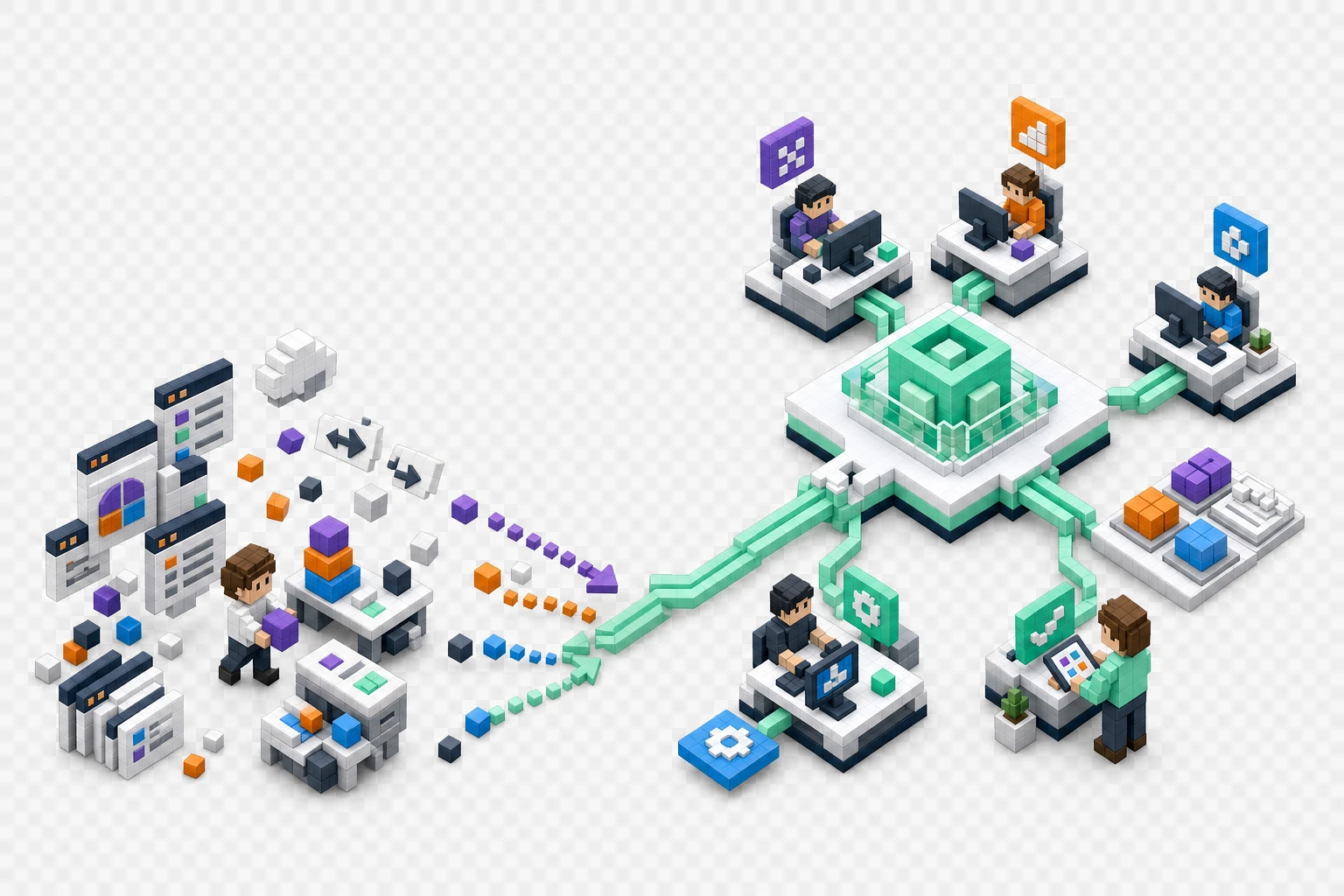 Isometric voxel illustration: scattered, disconnected tools and windows on the left feeding into a connected hub of synced workers on the right.