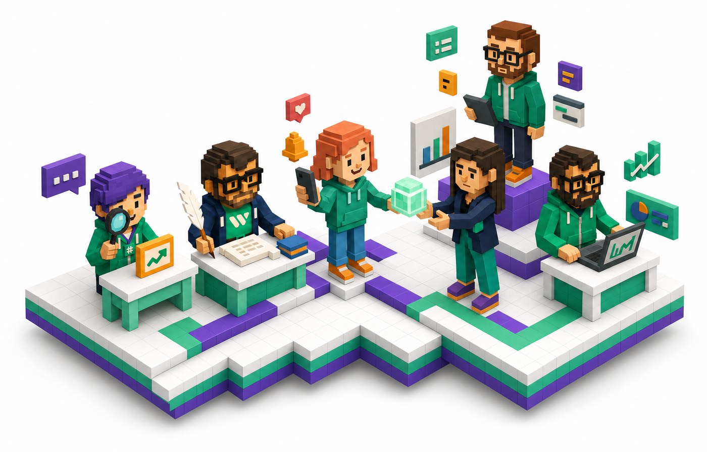 Workilo’s Workalongs as voxel characters passing a piece of work down the line: Kiki researches, Sage writes, Amber hands it to Alex, Dash tracks results and Rowan oversees.